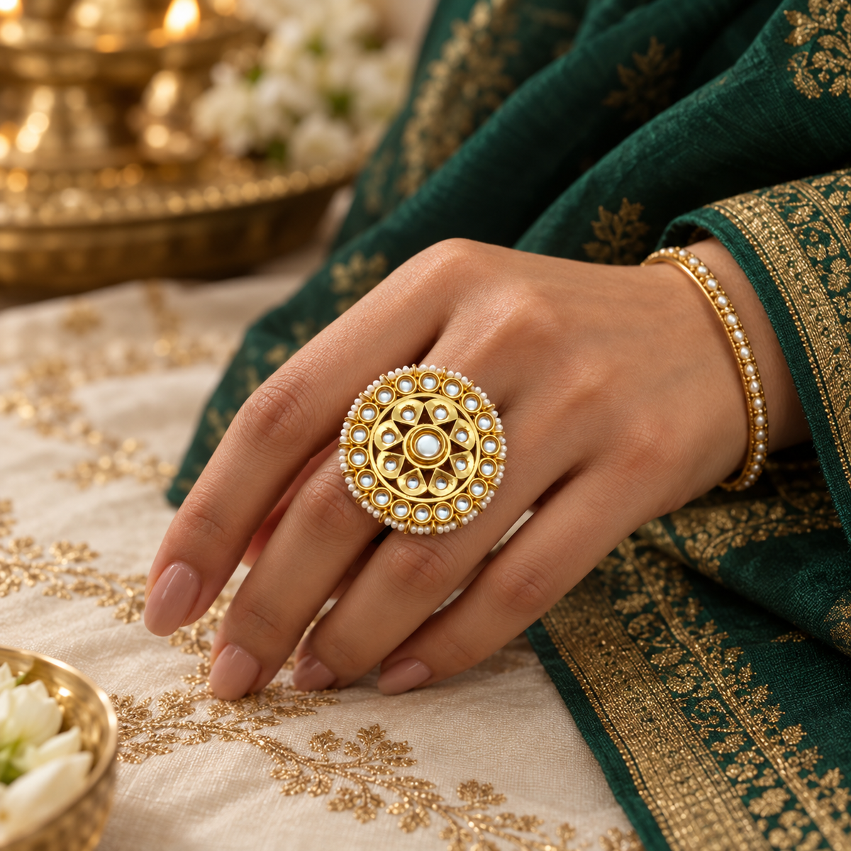 Traditional white Pearl Kundan  Ring