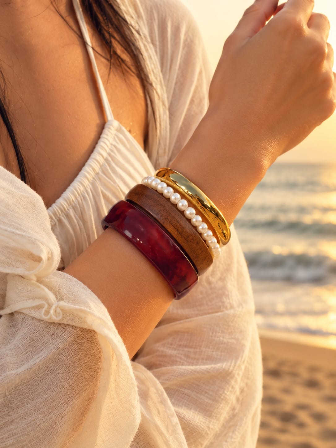 Set of 4 pcs western-style chunky mixed-material bangles