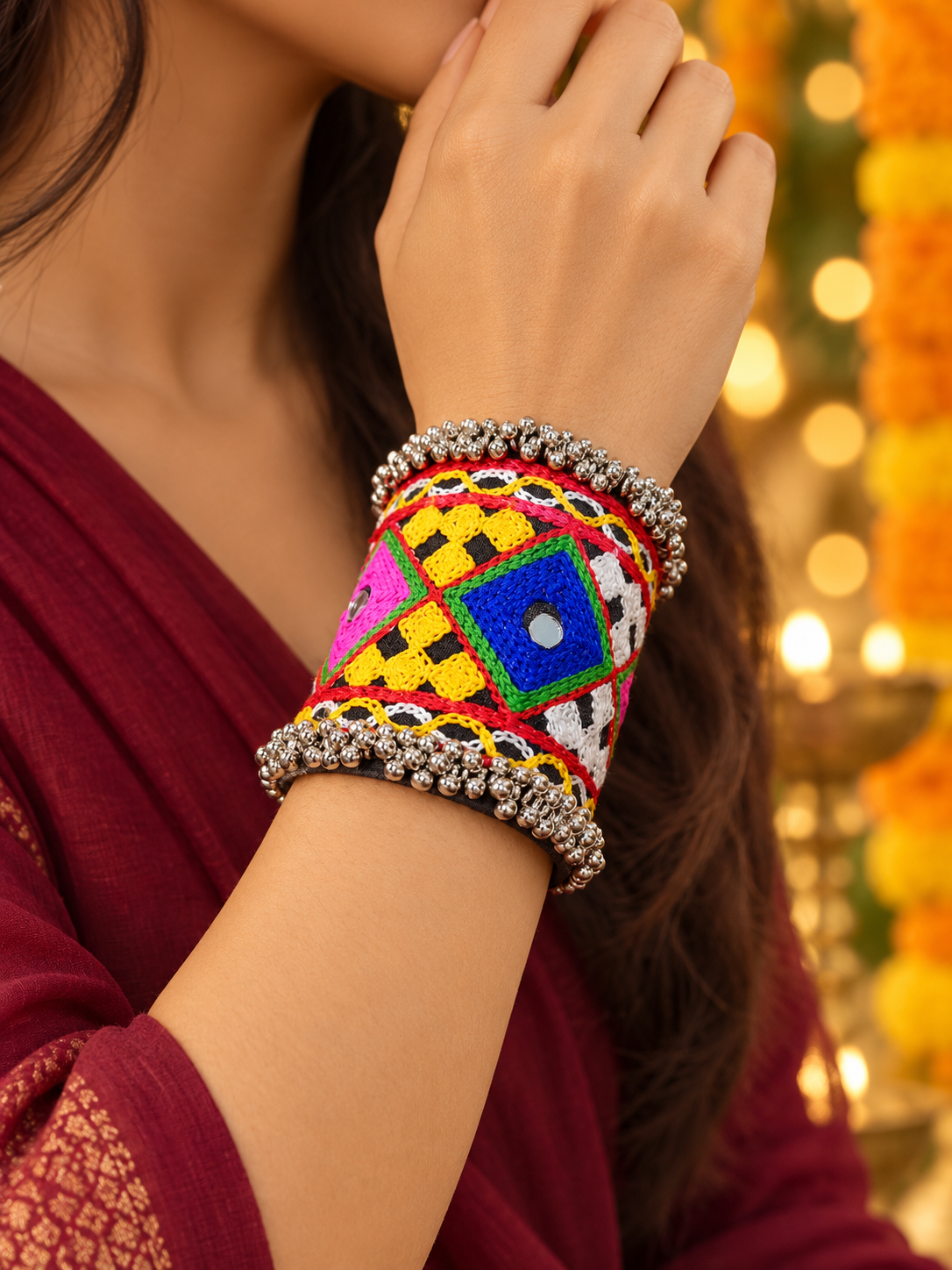 embroidered mirror-work and ghungroo cuff bracelet