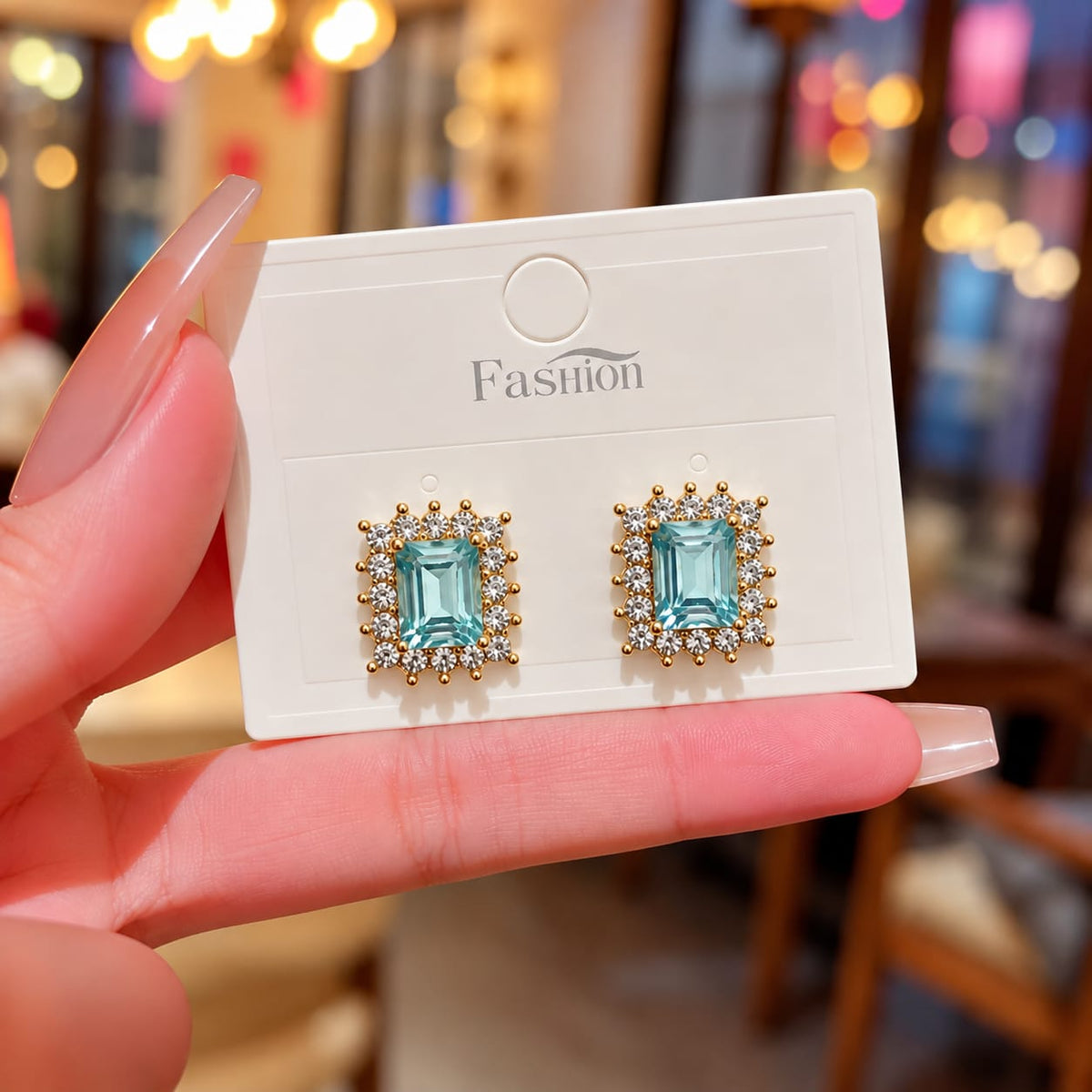 rectangular crystal stud earrings with rhinestone halos