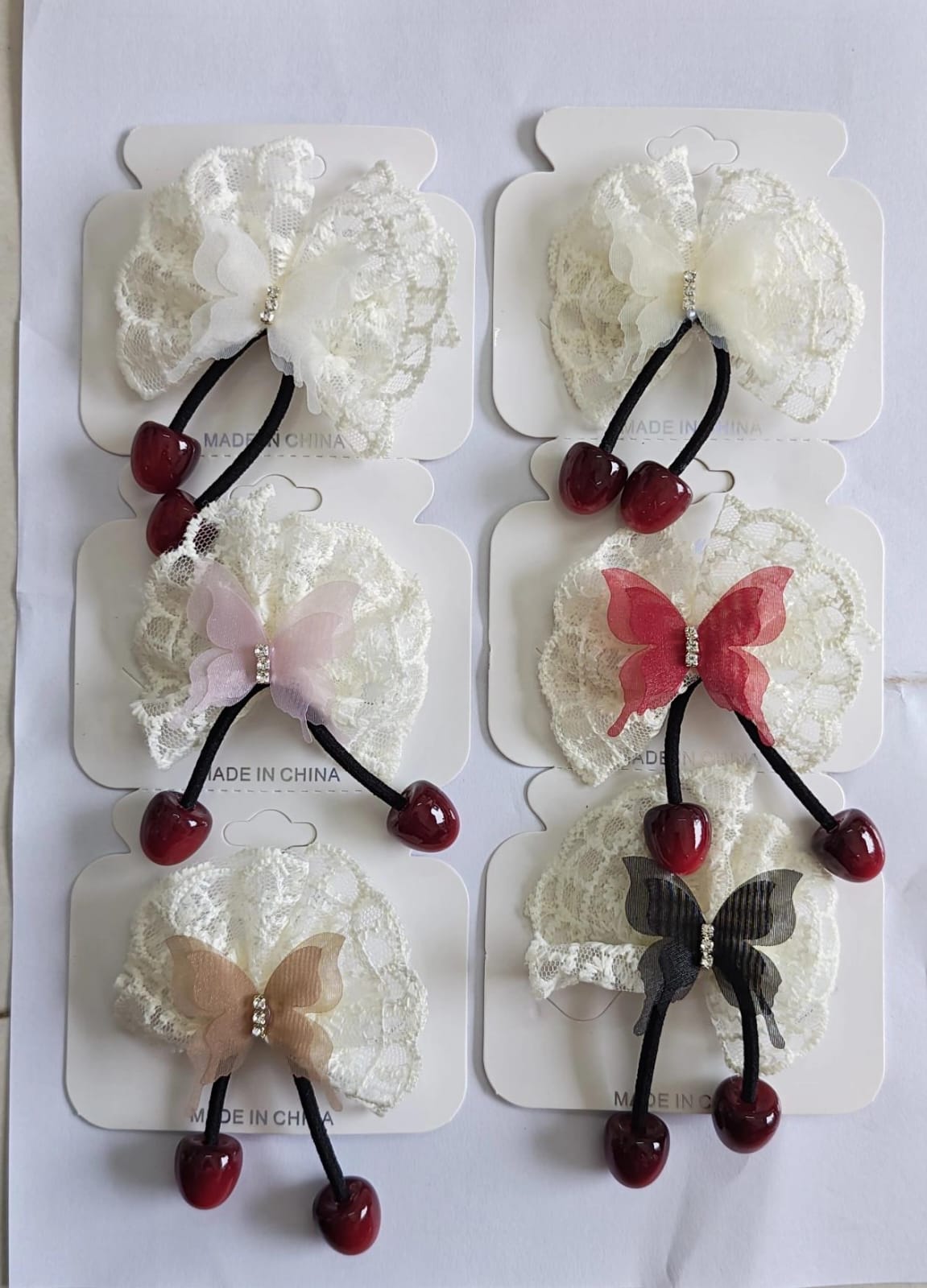 Set of 6 Cute lace bow and butterfly hair ties with cheery hanging