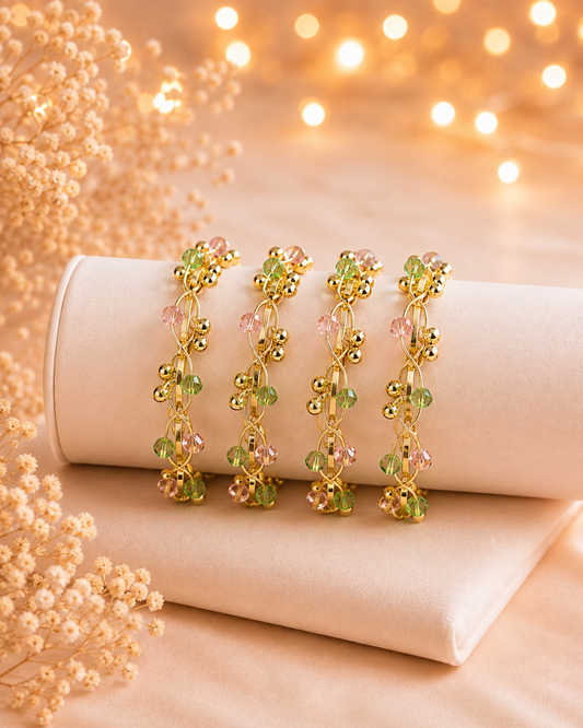 4 pcs Kashmiri ghungroo bangles adorned with pink and green crystal bead