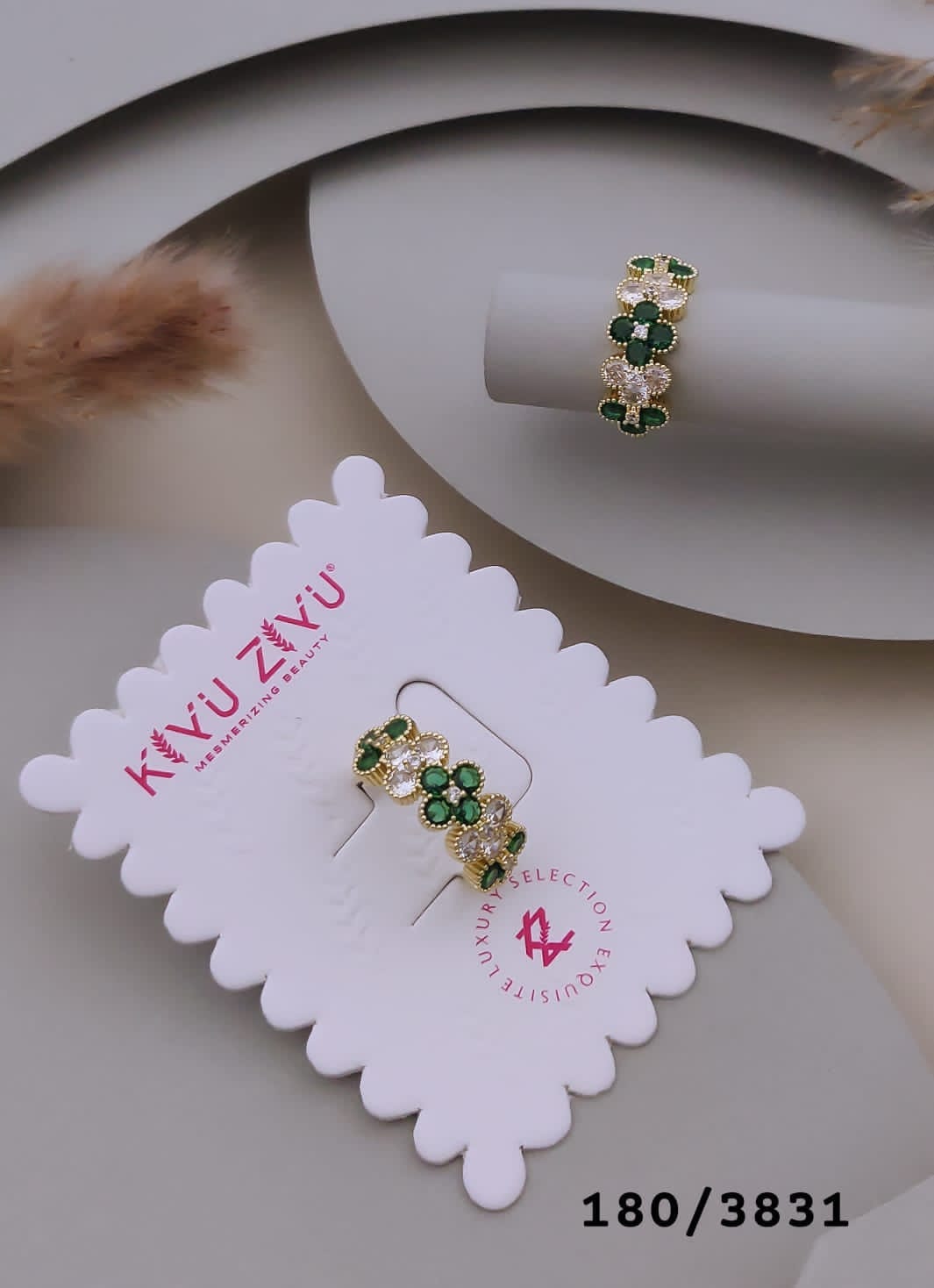 Gold-Tone Green and White Floral Stone Ring