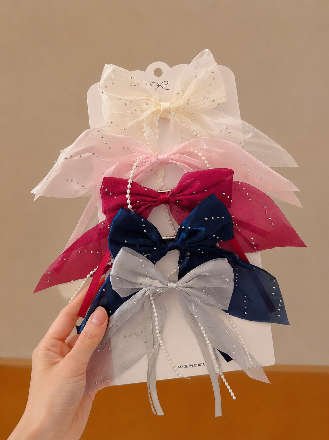 Hair Pearl Bow Clips Set of 5