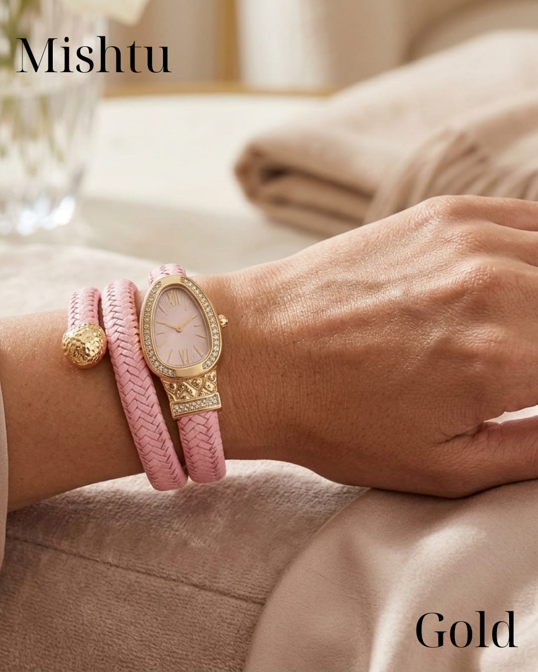 Premium snake style wrist watch with gold dial