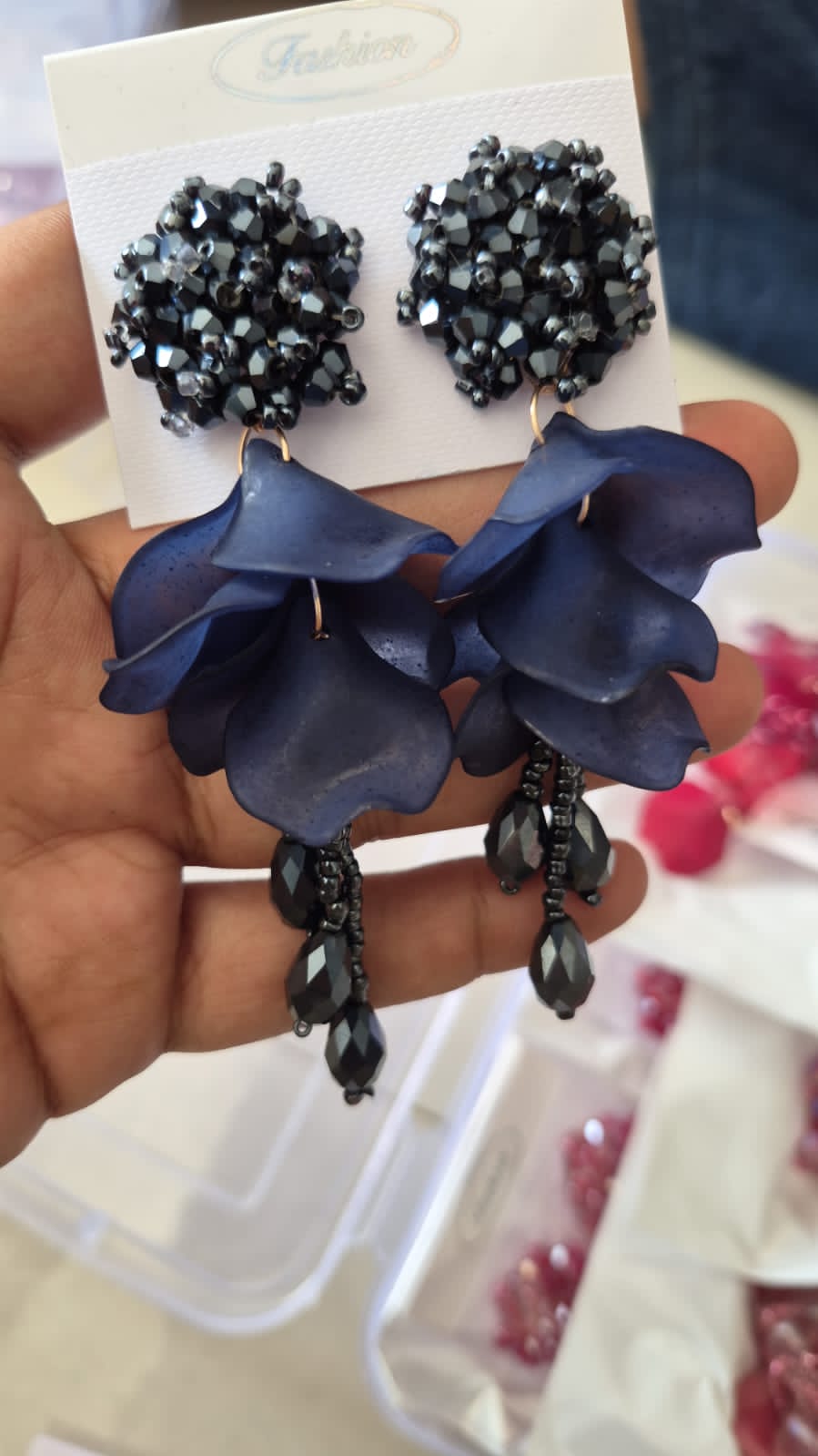 Midnight Bloom Navy Crystal Cascade Earrings