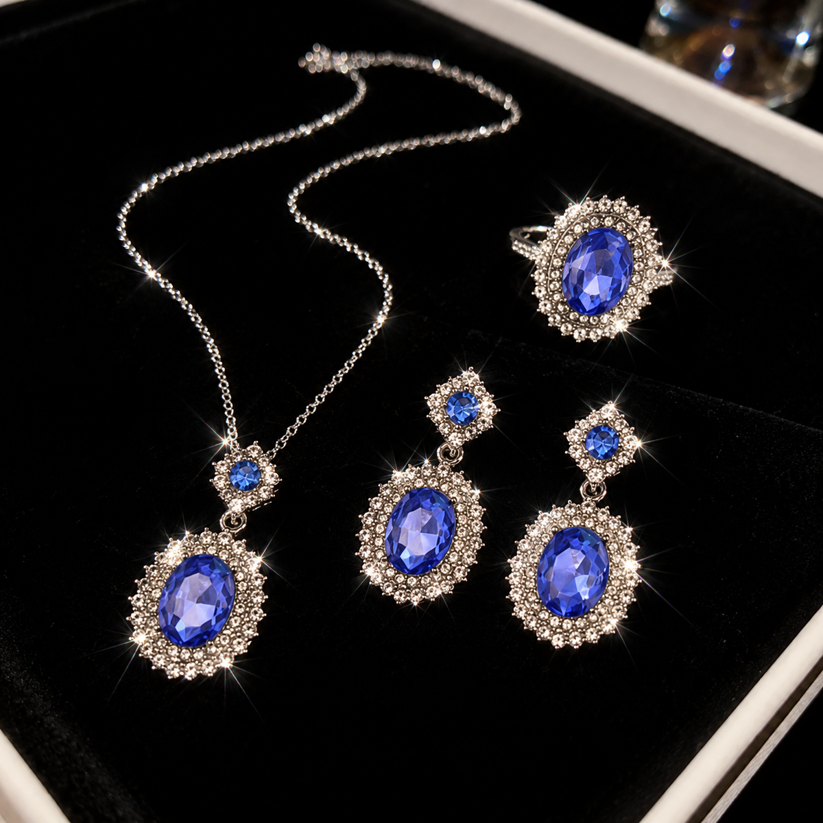 silver-plated oval blue cubic zirconia stone combo set