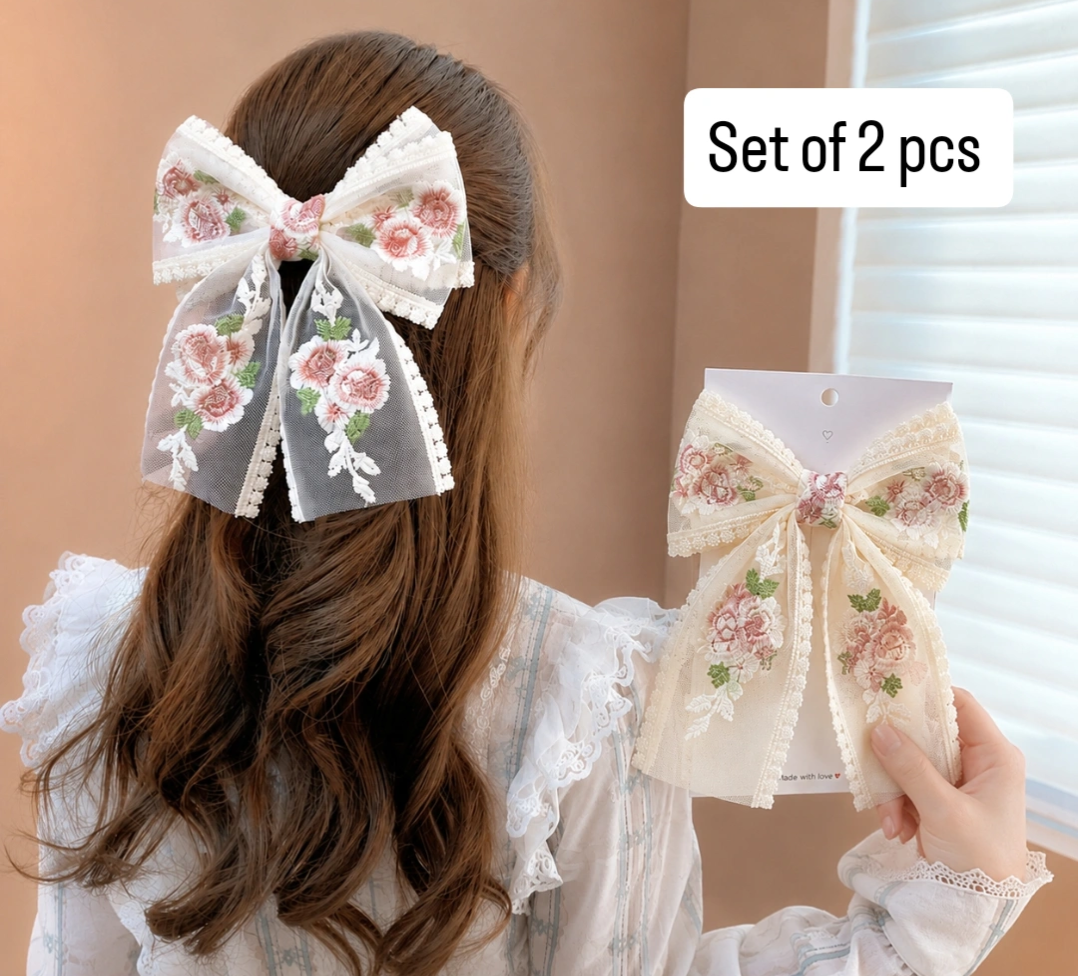 Trendy Hair Bow Clip Set of 2 (White & Cream)