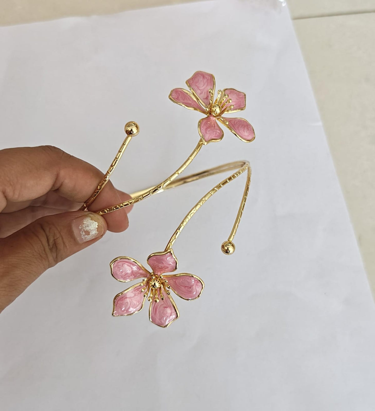 pink enamel flower gold plated arm cuff