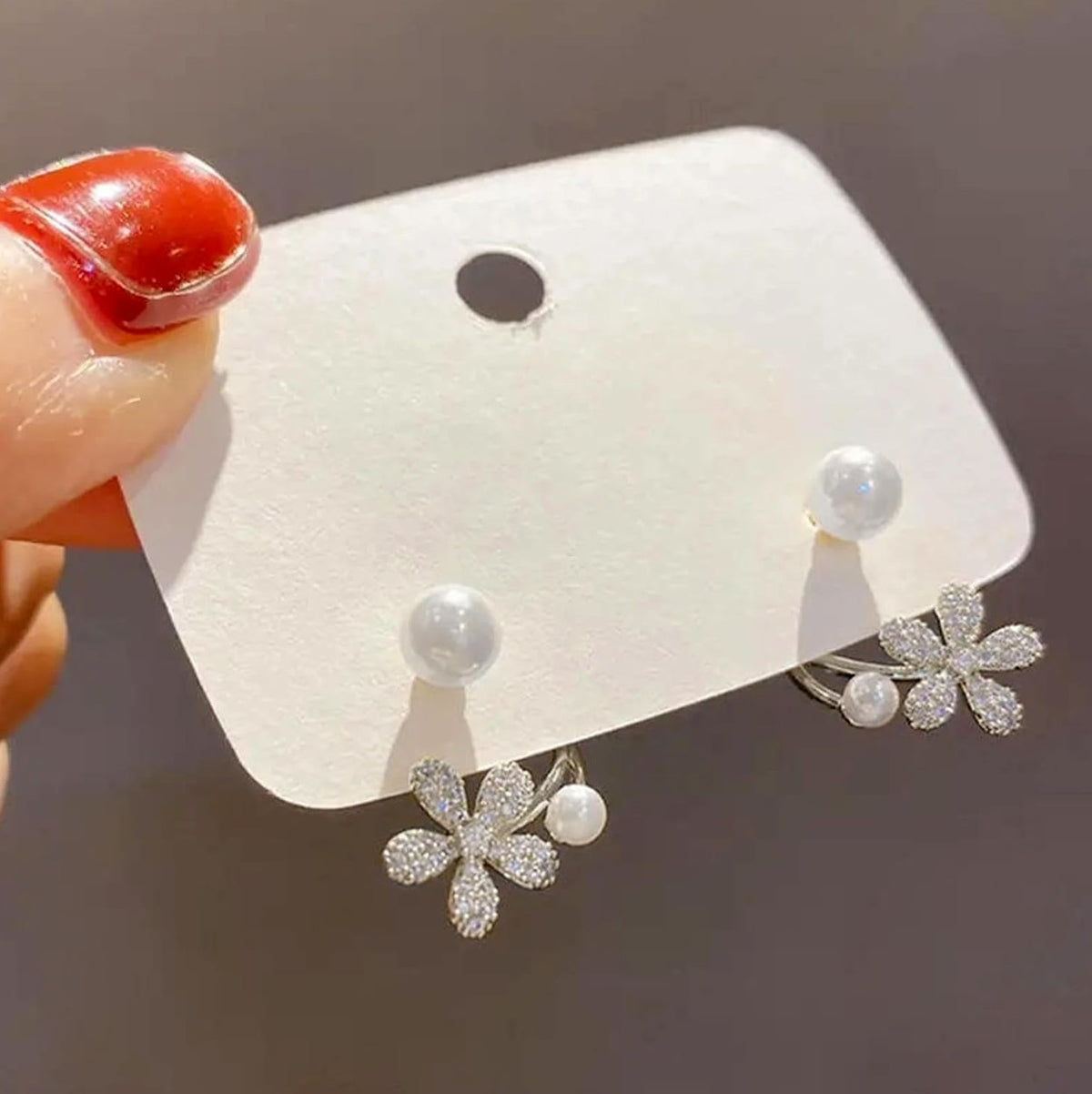 2in1 silver-toned floral design ear jacket pearl earring