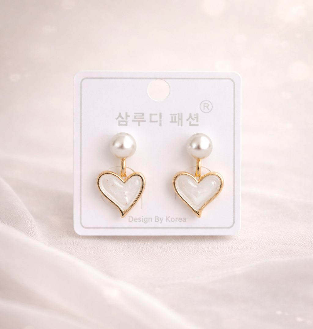 Gold Tone Round Heart Shape Pearl Stud Drop Earrings