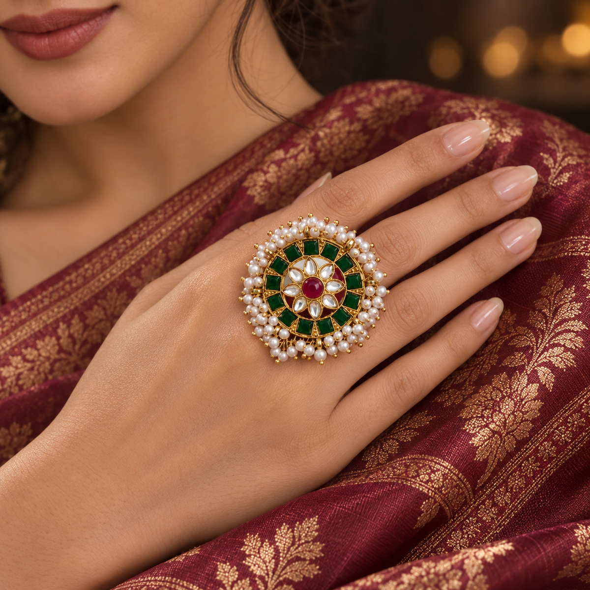 Traditional green Kundan Pearl Statement Ring