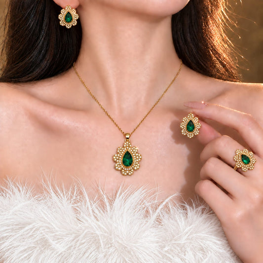 gold-tone teardrop-shaped green stone nacklase combo set