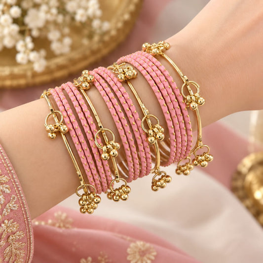 Set of 16 pcs peach colour matte finishing with Kashmiri bangles