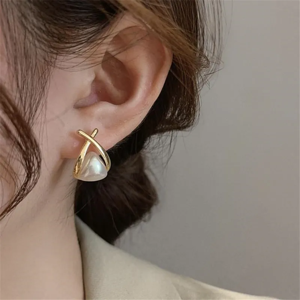 Korean Pearl Stud Earrings with Gold Cross Design.