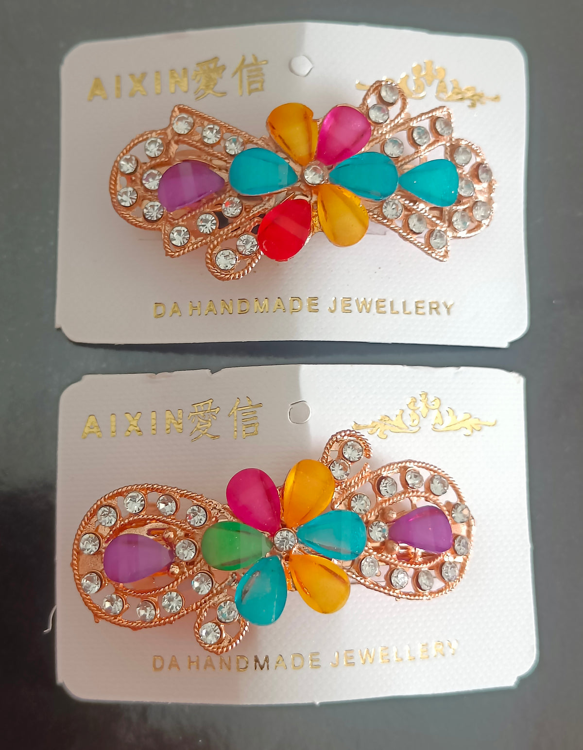 Multicolor Crystal Floral Hair Pins Set of 2