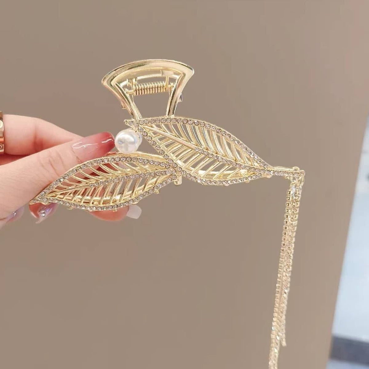 Pearl Leaf Rhinestone Metal Hair Claw Clutcher