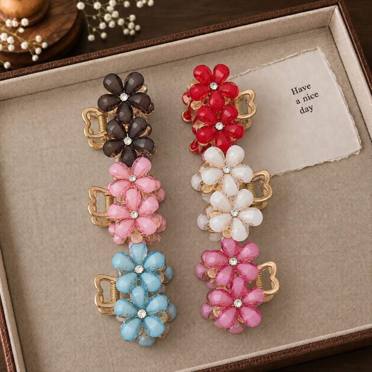 Set of six colorful mini flower metal claw hair clips