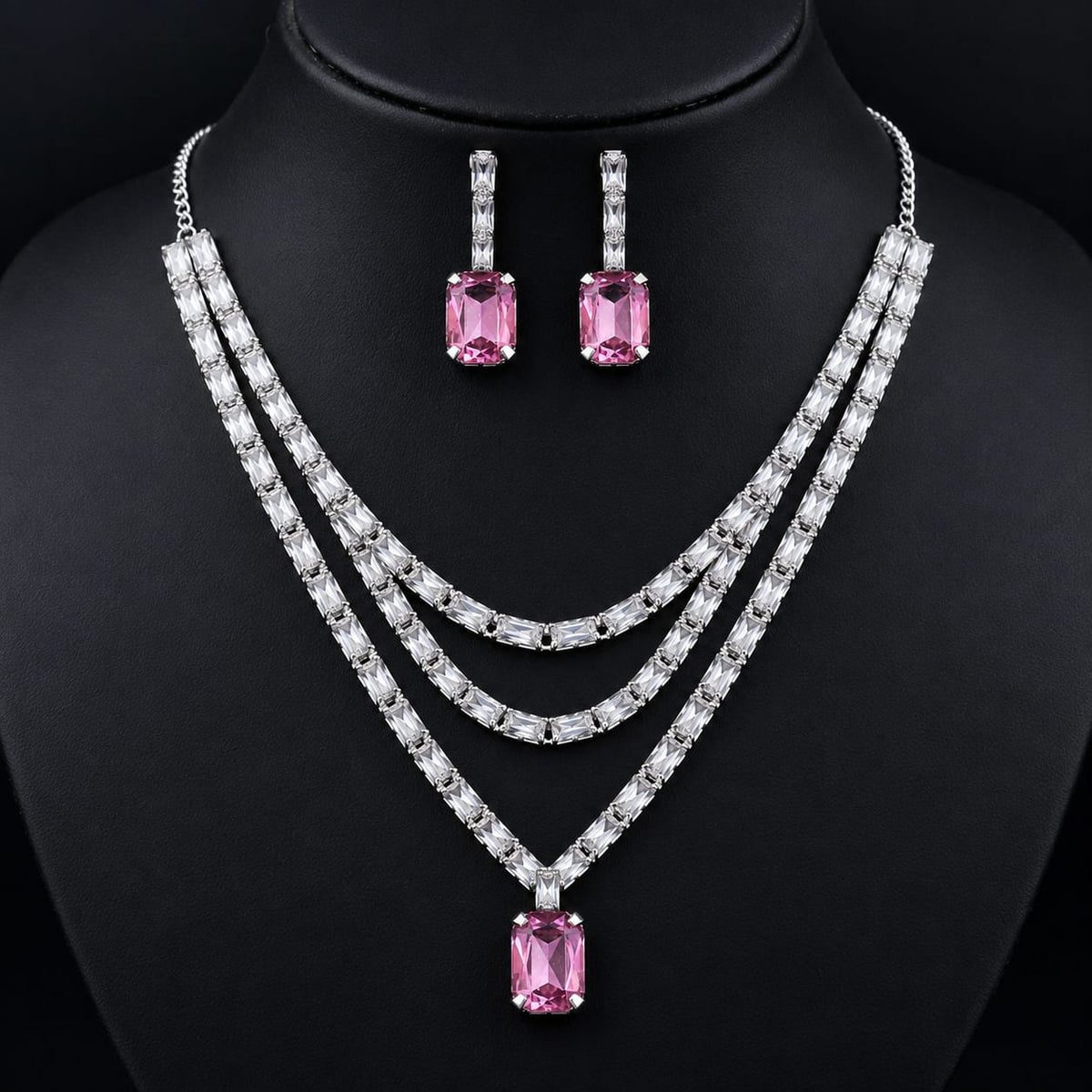 Celebrity inspired Crystal & pink Stone Necklace Set with Earrings