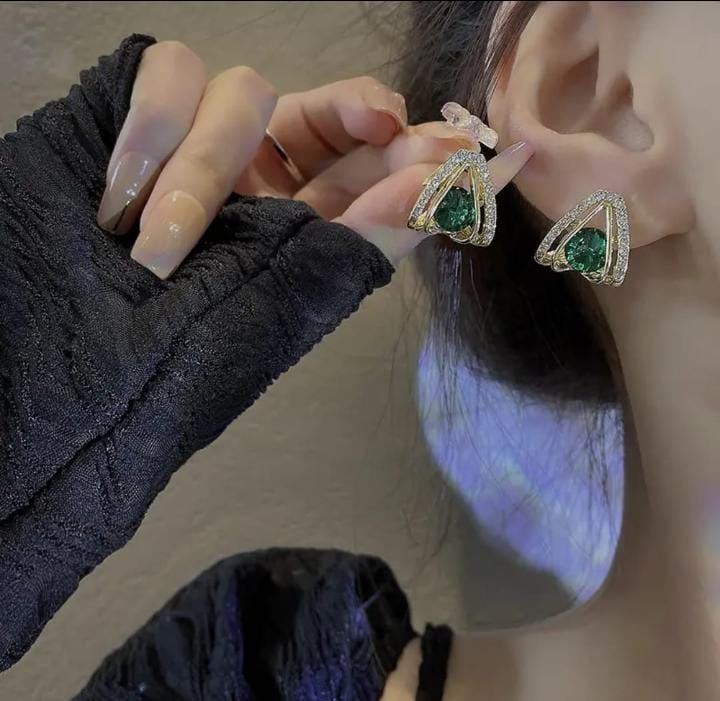 Elegant Triangle Stud Earrings, Emerald   green Stone for Girls and Women