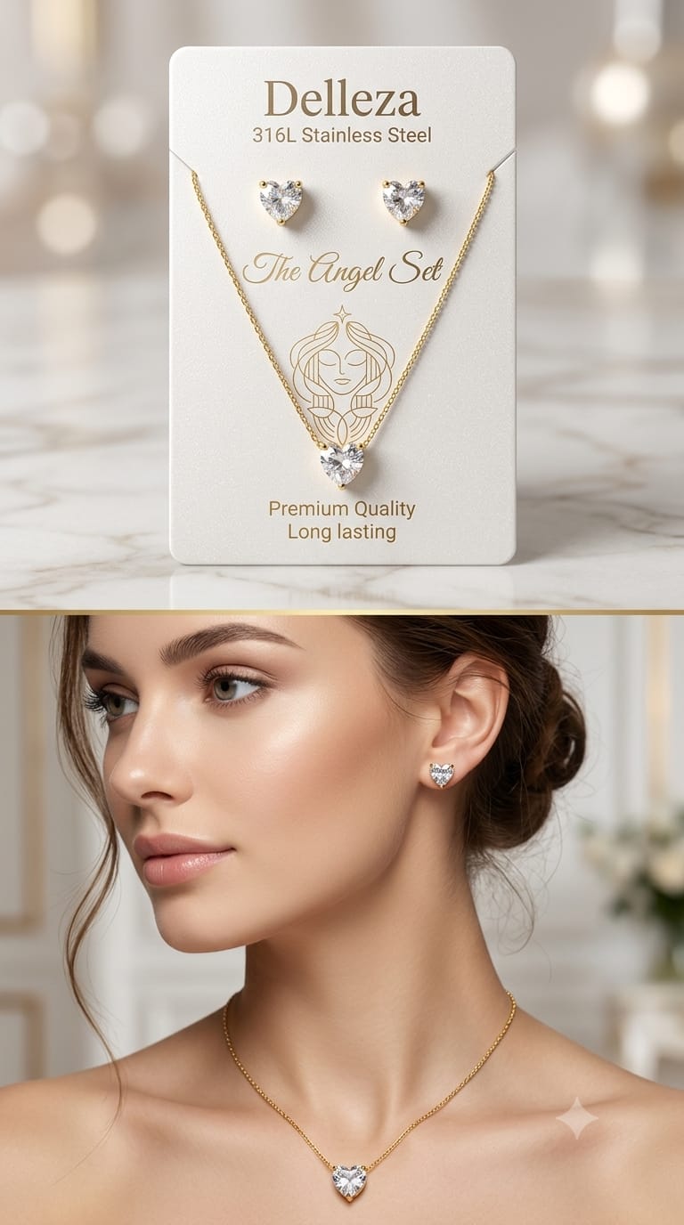 stainless steel emerald-white heart crystal necklace with earring set
