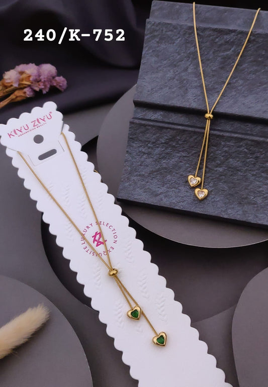 lariat necklace featuring dual  crystal heart charms anti tarnished