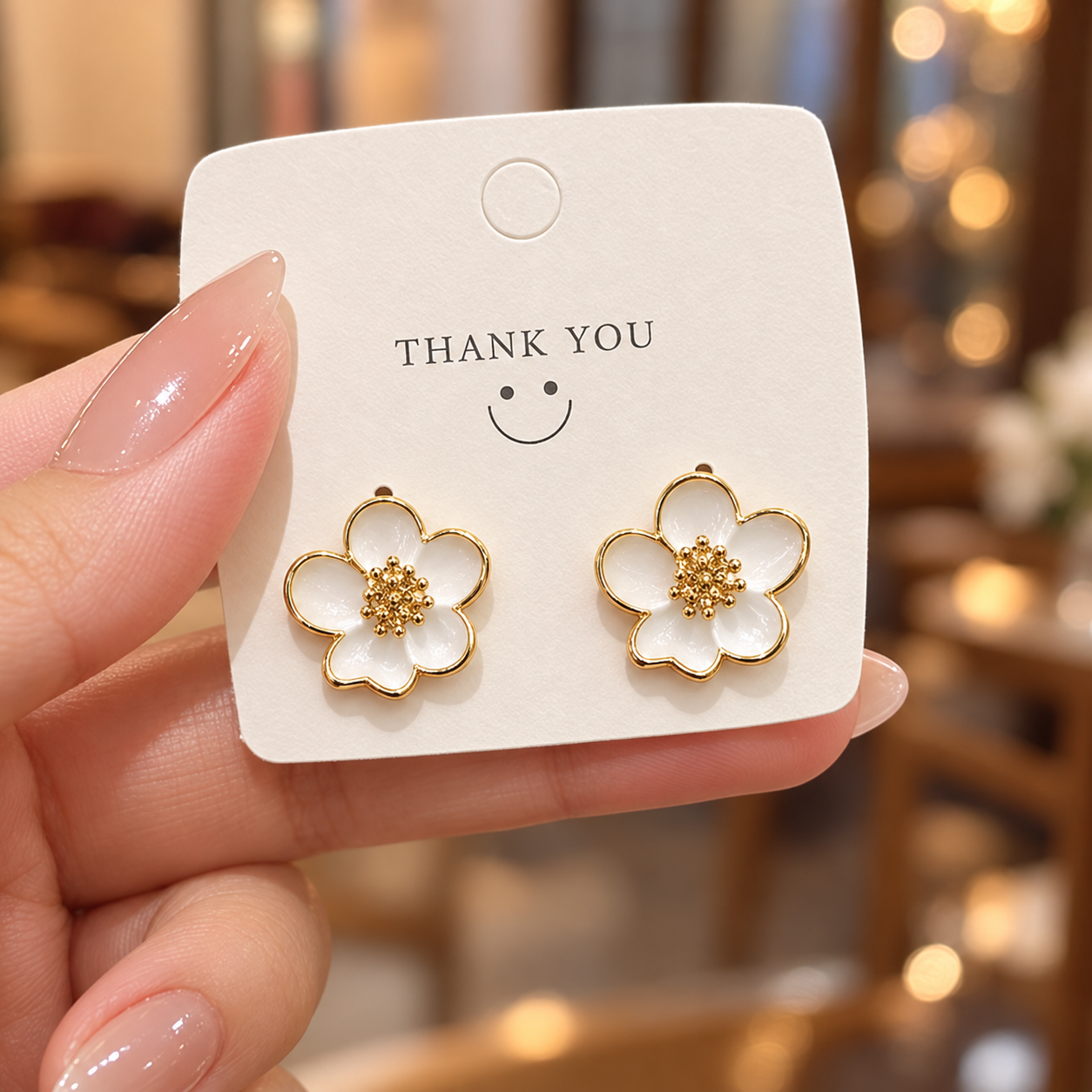 gold-toned and white floral-shaped stud earrings