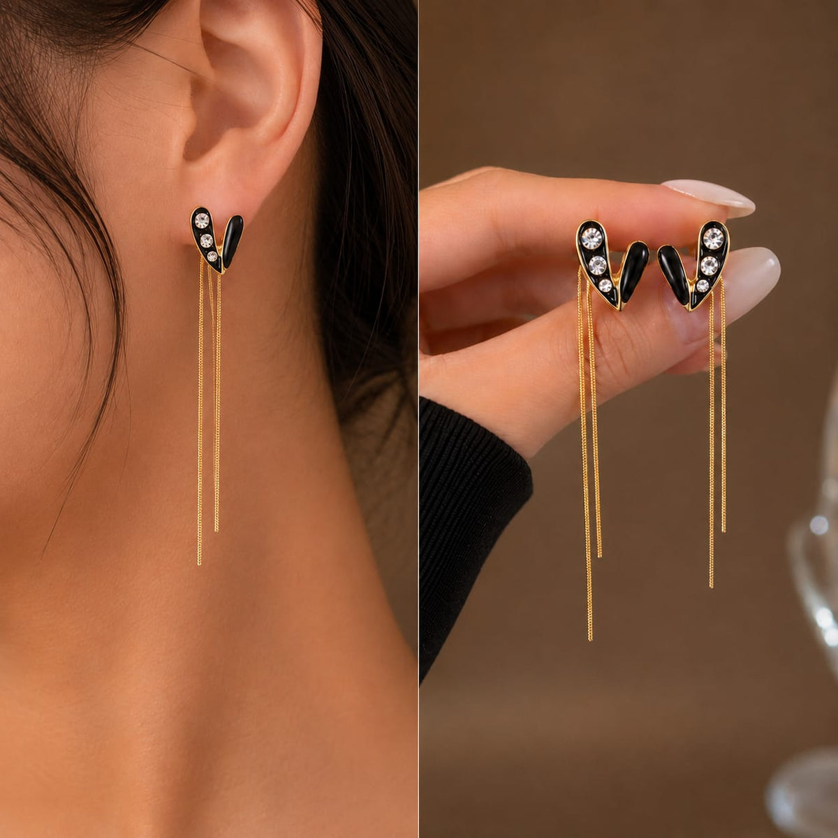 heart earring rhinestone accents with dangling chain tassels.