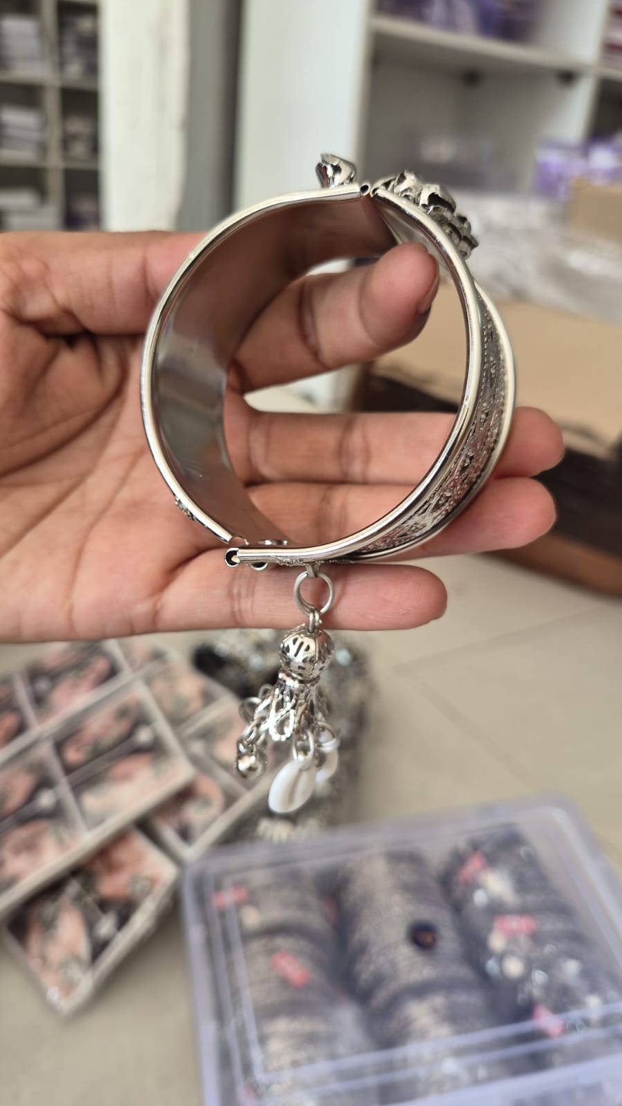 Set of 2 pcs Oxidized Metal Boho Tribal Kada Bangle Ghungroo & Shell Charm free size