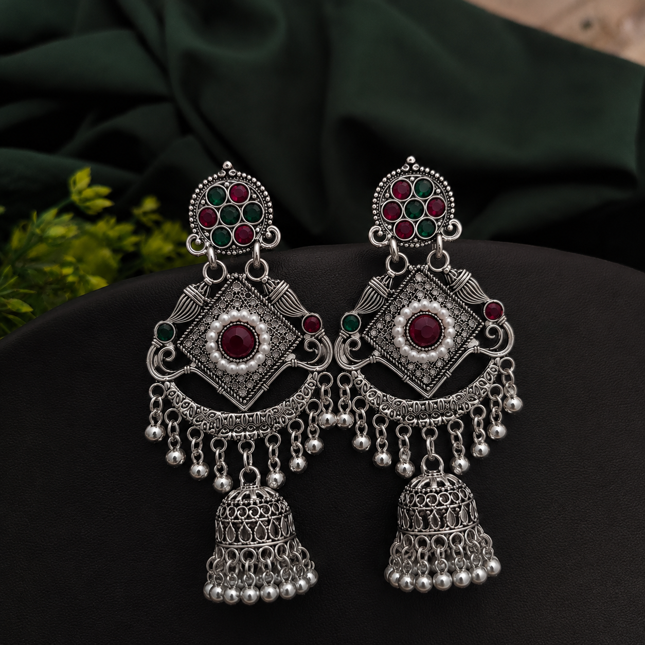 Traditional silver-oxidized brass teardrop jhumka earring