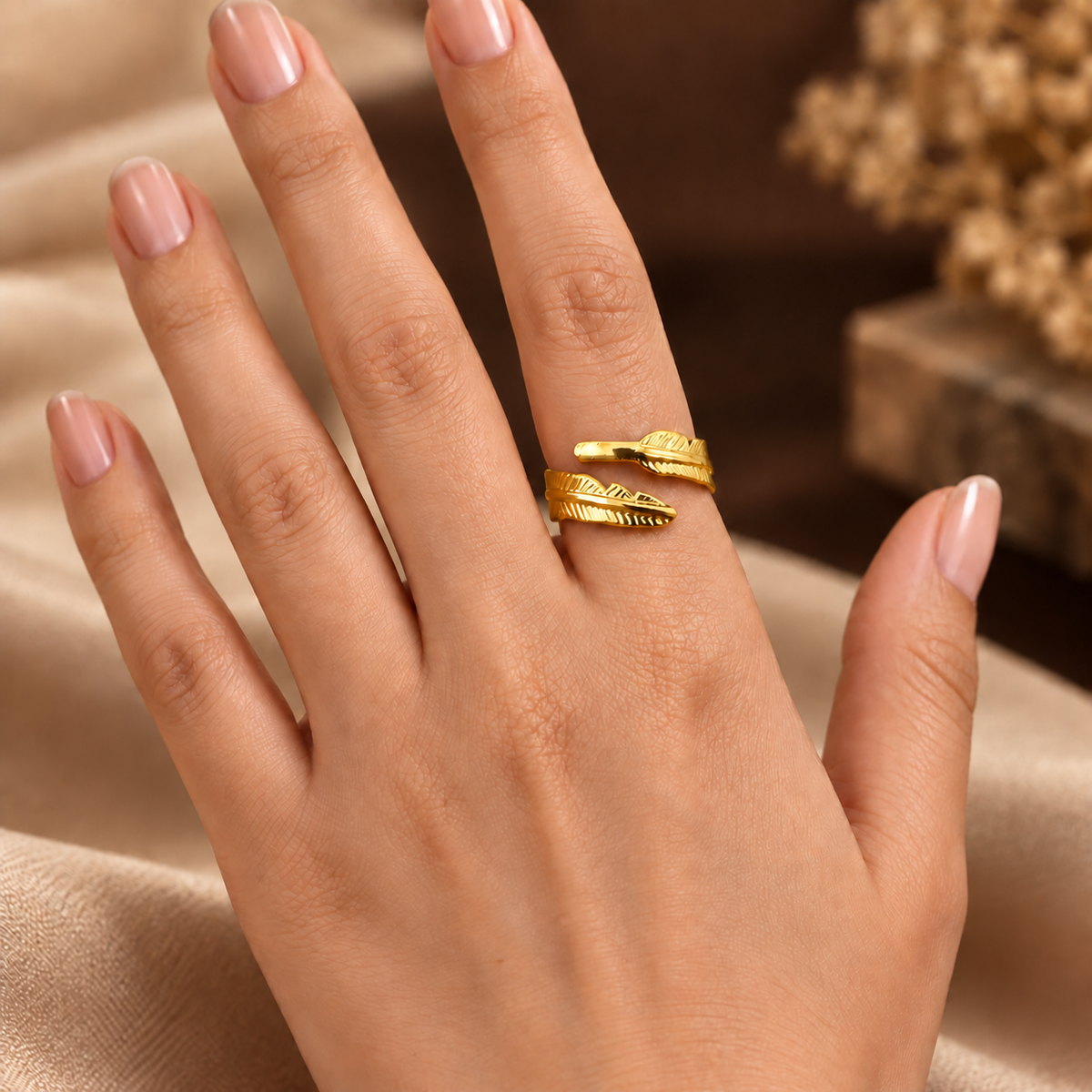 Golden Feather Wrap Adjustable Ring