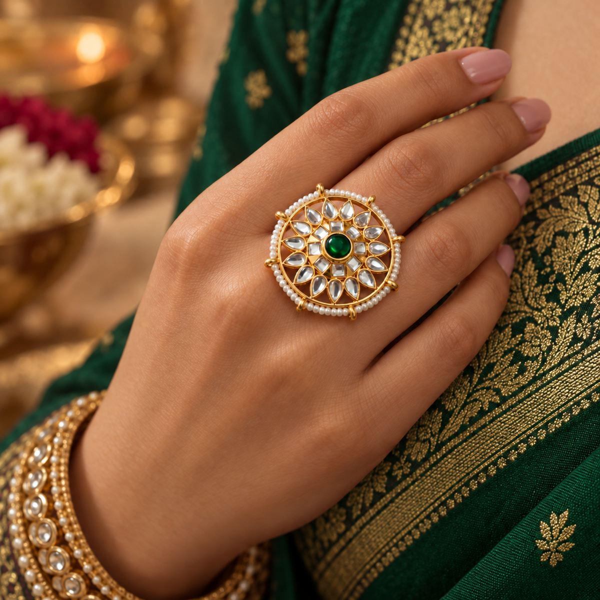 Traditional green and White diamond ring