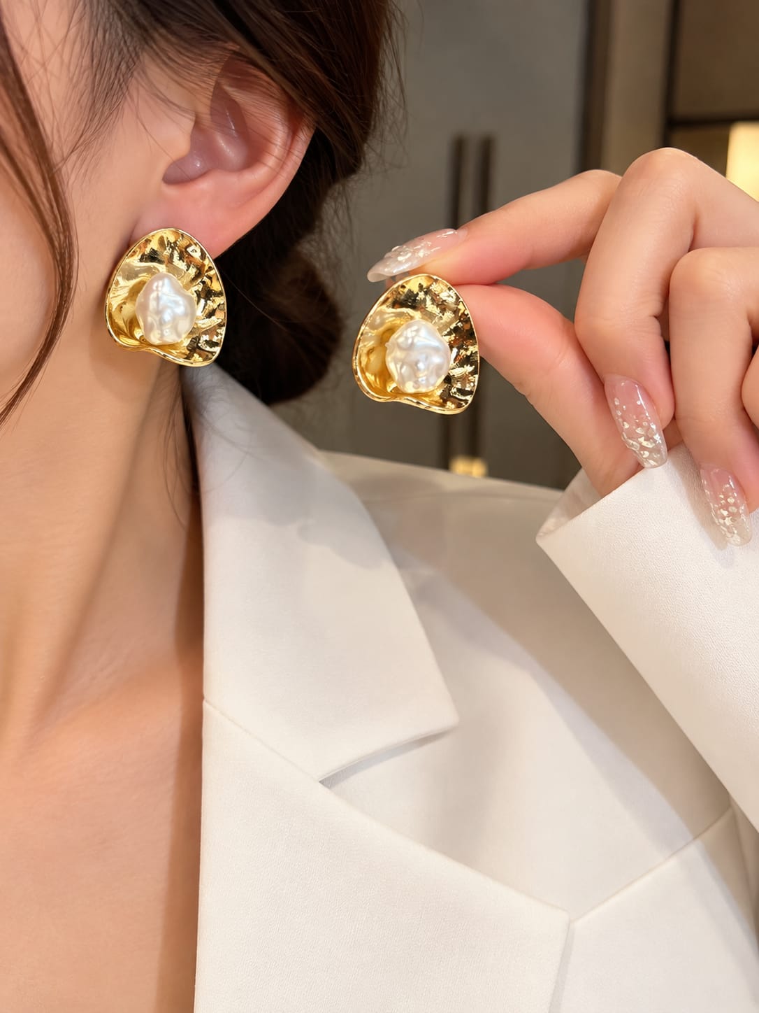 Gold-Tone Textured Baroque Pearl Stud Earrings