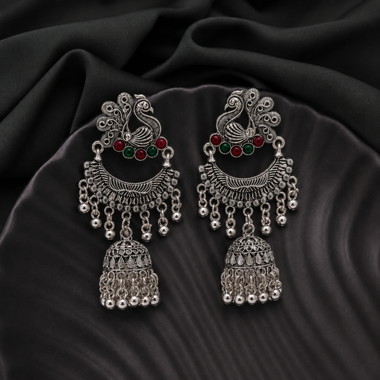 Traditional silver-oxidized brass teardrop jhumka earring