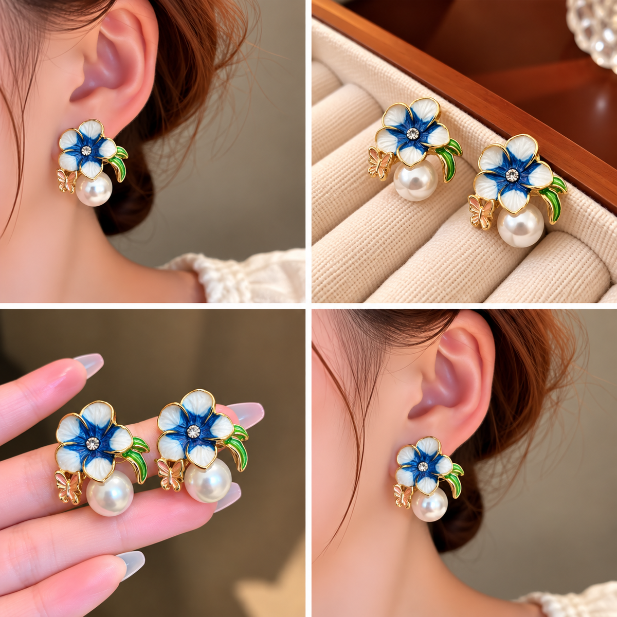 Korean-style enamel floral and pearl drop stud earrings