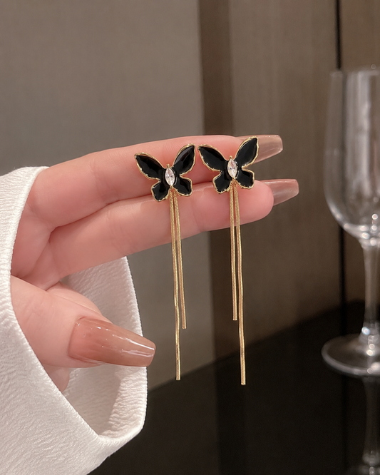 Black butterfly with chain drop earring