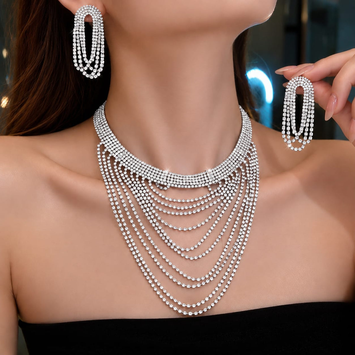 silver  plated, multi-layered diamond necklace with earring set