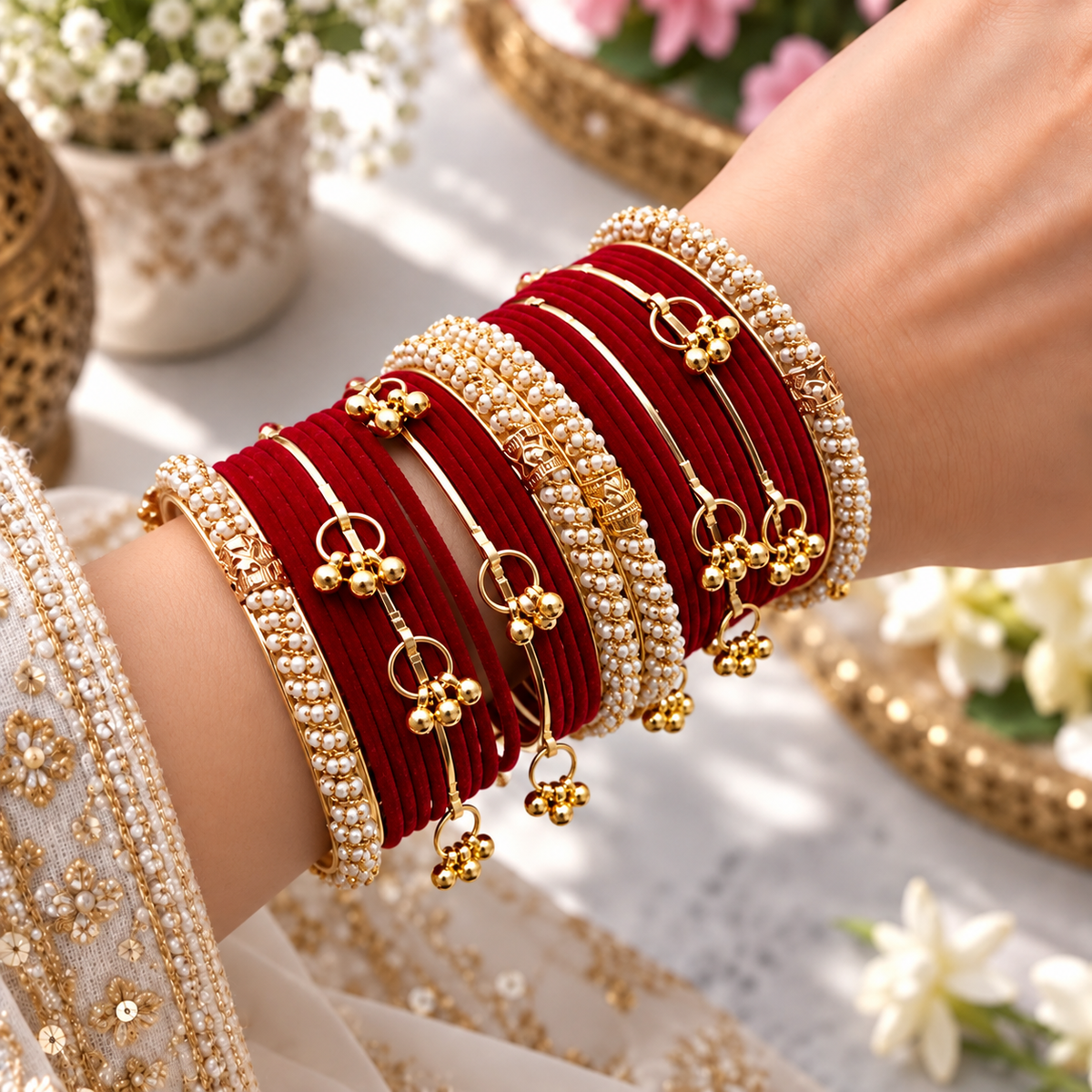 Red Pearl Thread with kashmiri Bangle Set