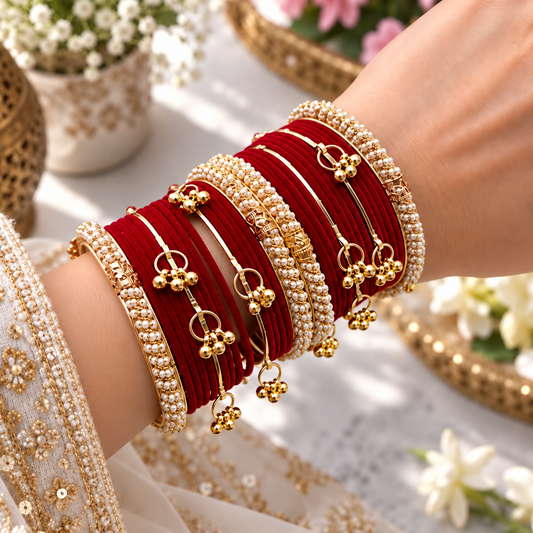 Red Pearl Thread with kashmiri Bangle Set