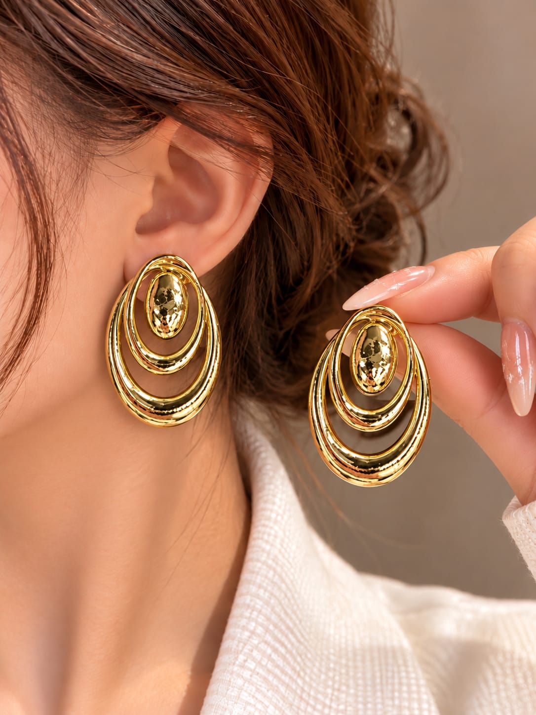 Gold-Tone Multi-Layer Oval Statement Drop Earrings