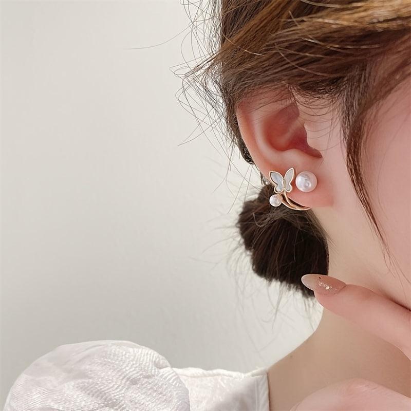 gold-plated butterfly and pearl stud/ear cuff earring
