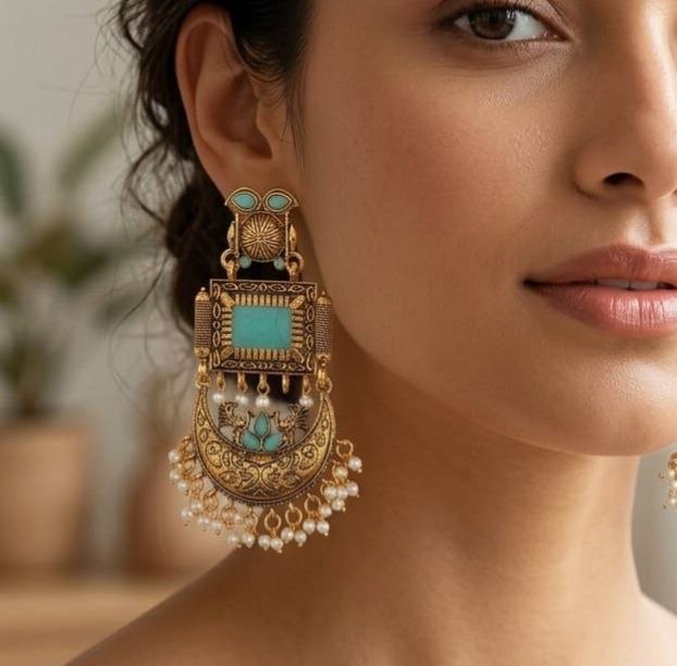 Traditional Gold Plated blue stone  Pearl Chandbali Earring