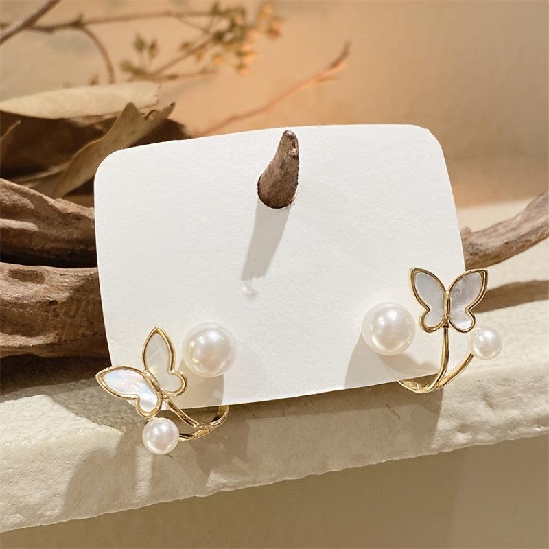 gold-plated butterfly and pearl stud/ear cuff earring