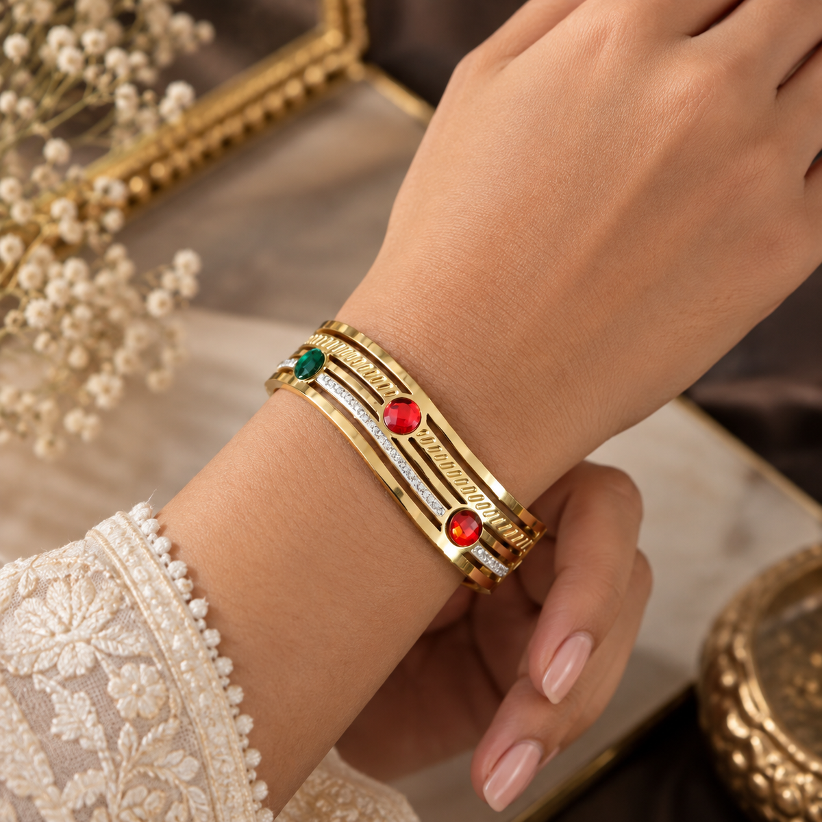 Anti Tarnish Multicolor Stone Gold Plated Bracelet