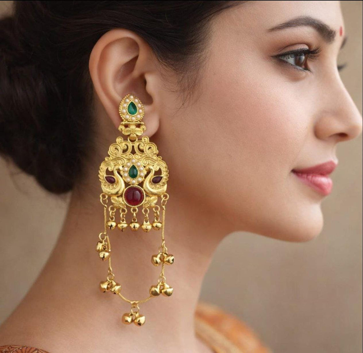Kashmiri peacock drop earring featuring red and green artificial stone
