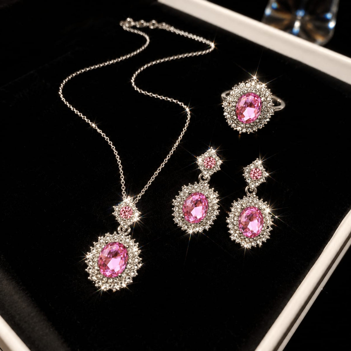silver-plated oval 💕pink cubic zirconia stone combo set