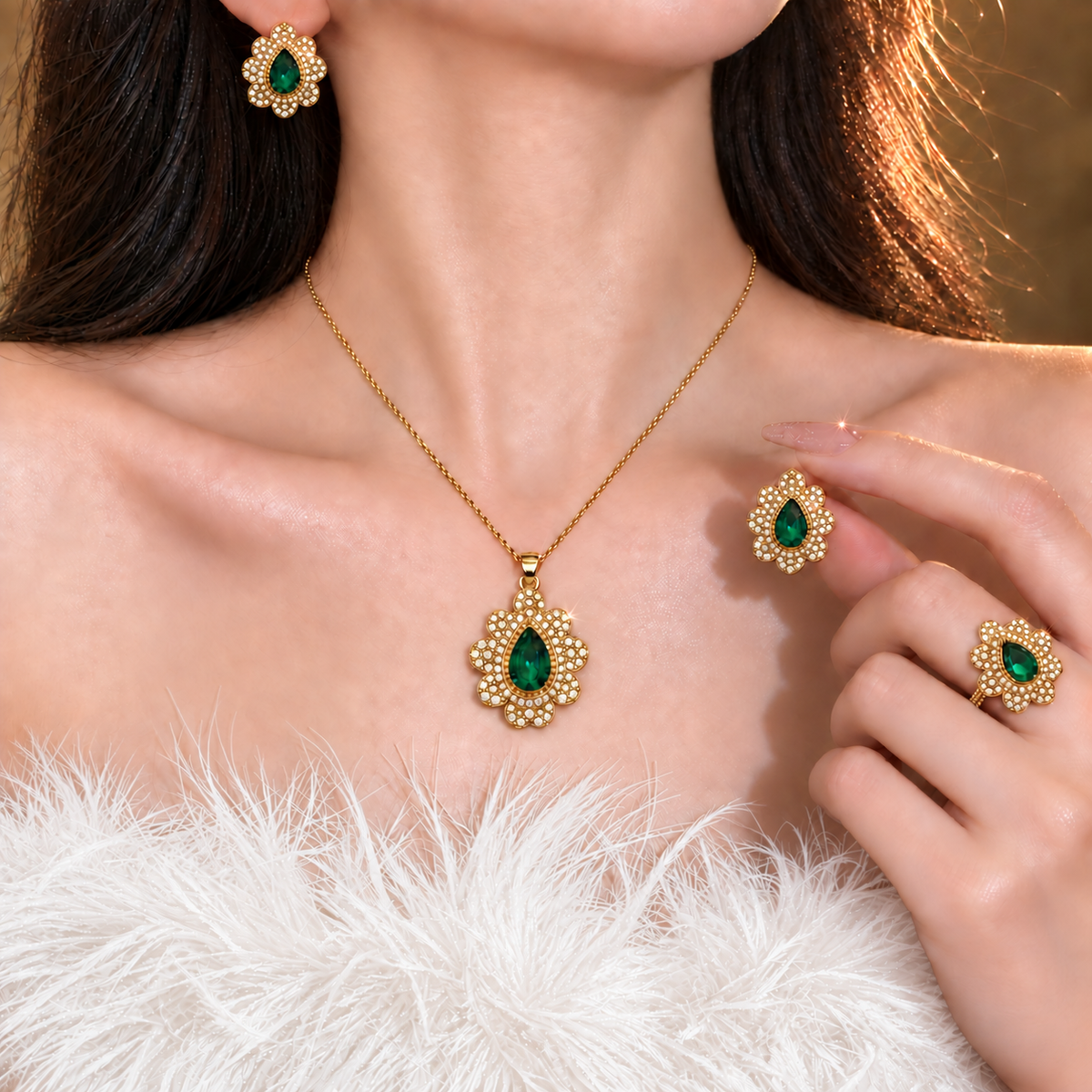 gold-tone teardrop-shaped green stone combo set