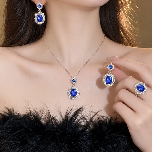 silver-plated oval blue cubic zirconia stone nacklase combo set