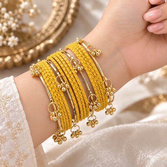 Set of 16 pcs yellow matte finishing with Kashmiri bangles