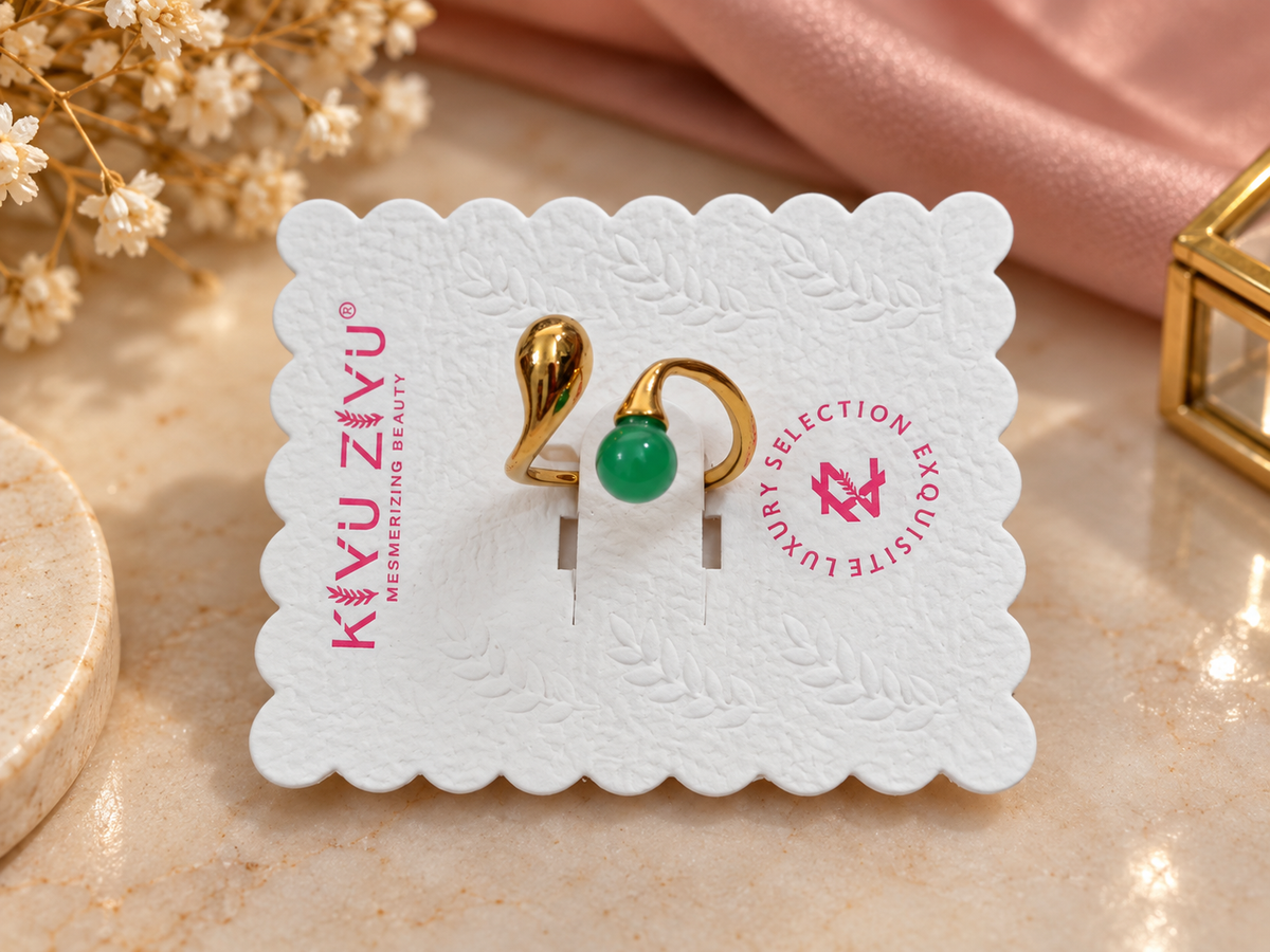 Green Bead Golden Adjustable Ring